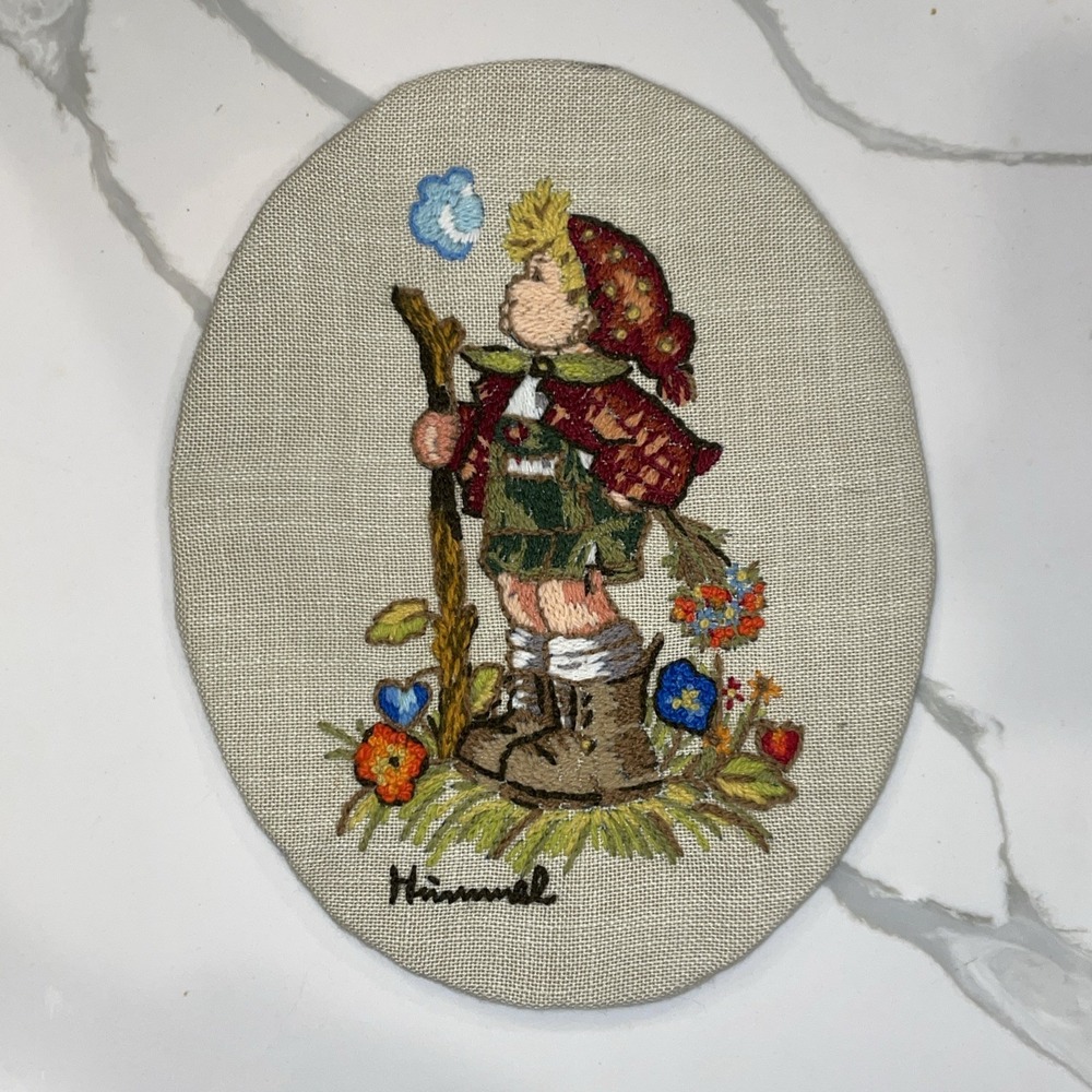 Finished Crewel Embroidery Hummel Flower Boy Peasant Completed Oval‎